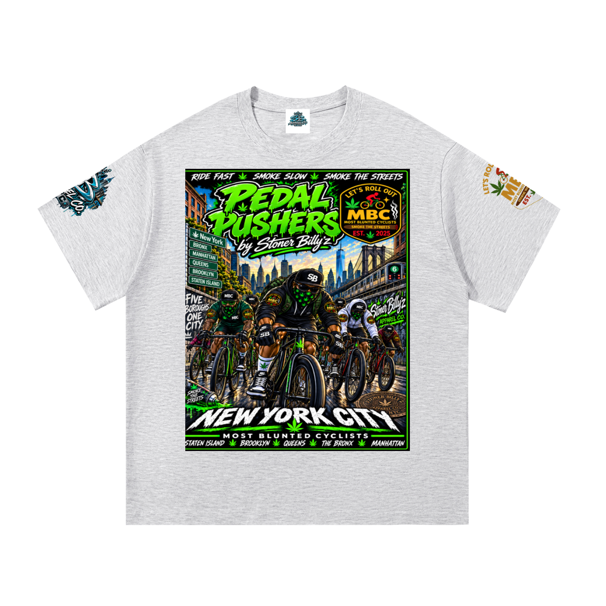 Pedal Pushers — Five Boroughs Tee Built for the riders who move different. The Pedal Pushers Tee by Stoner Billy’z Apparel Co. brings NYC cycling culture, street art, and MBC energy together i
