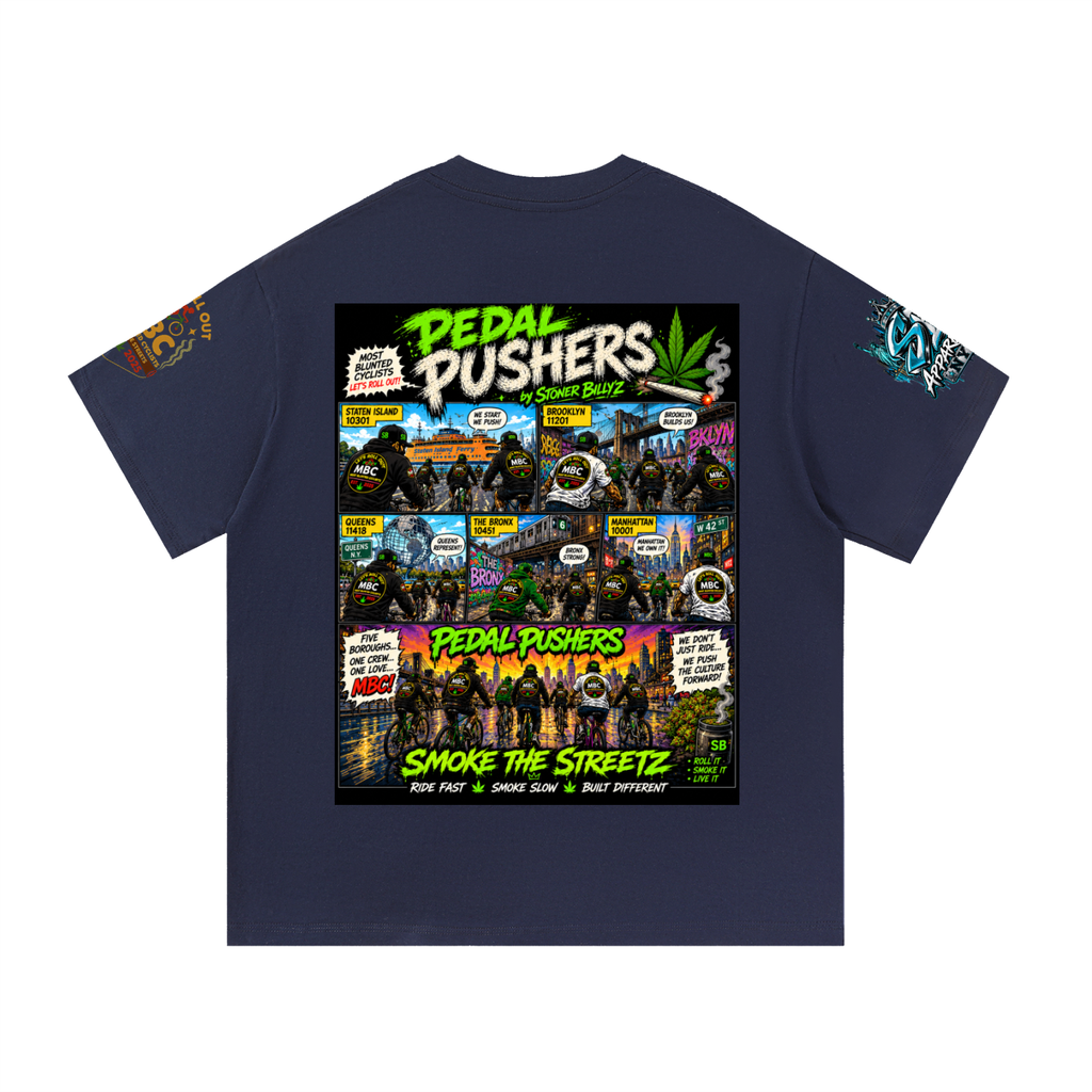 Pedal Pushers — Five Boroughs Tee Built for the riders who move different. The Pedal Pushers Tee by Stoner Billy’z Apparel Co. brings NYC cycling culture, street art, and MBC energy together i