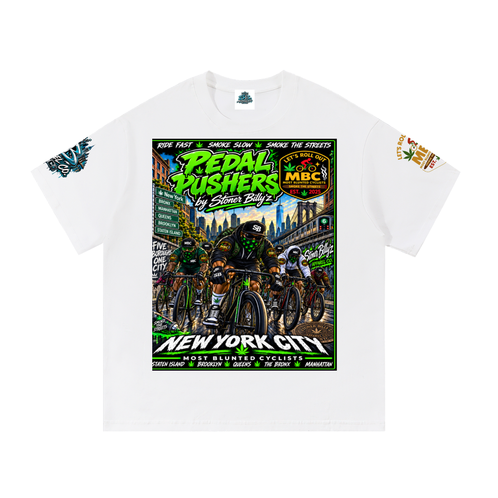 Pedal Pushers — Five Boroughs Tee Built for the riders who move different. The Pedal Pushers Tee by Stoner Billy’z Apparel Co. brings NYC cycling culture, street art, and MBC energy together i