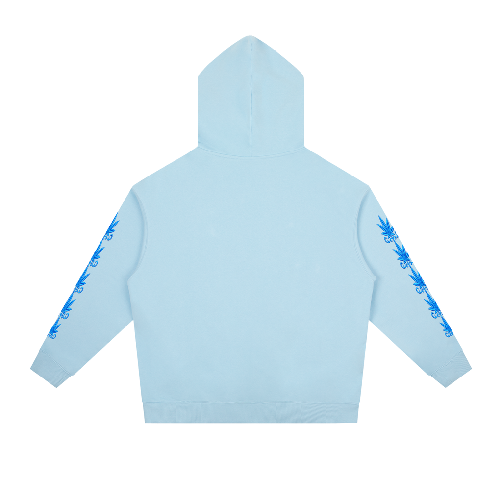 Premium powder-blue heavyweight hoodie featuring an elegant white Stoner Billy’z Apparel Co. script logo across the chest, blue sleeve graphics, relaxed drop shoulders, and an oversized streetwear fit.