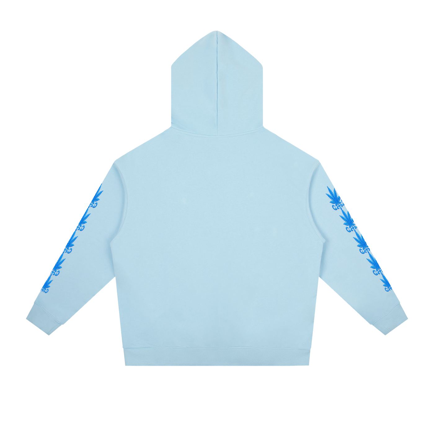 Premium powder-blue heavyweight hoodie featuring an elegant white Stoner Billy’z Apparel Co. script logo across the chest, blue sleeve graphics, relaxed drop shoulders, and an oversized streetwear fit.