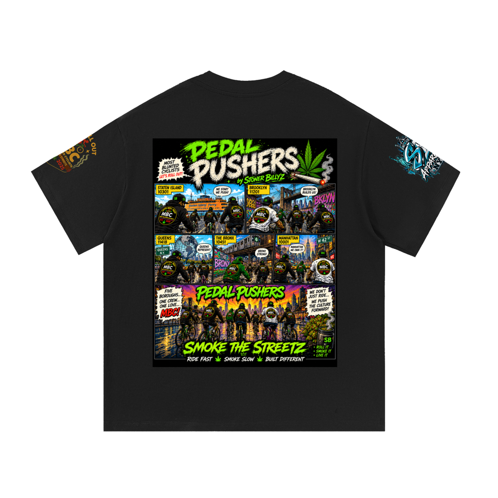 Pedal Pushers — Five Boroughs Tee Built for the riders who move different. The Pedal Pushers Tee by Stoner Billy’z Apparel Co. brings NYC cycling culture, street art, and MBC energy together i