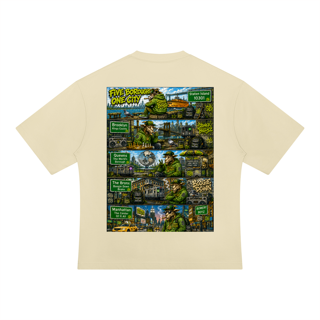 Premium streetwear tee featuring a bold Stoner Billy’z front logo and detailed Five Boroughs, One City artwork on the back—celebrating Staten Island, Brooklyn, Queens, Bronx and Manhattan in NYC style.