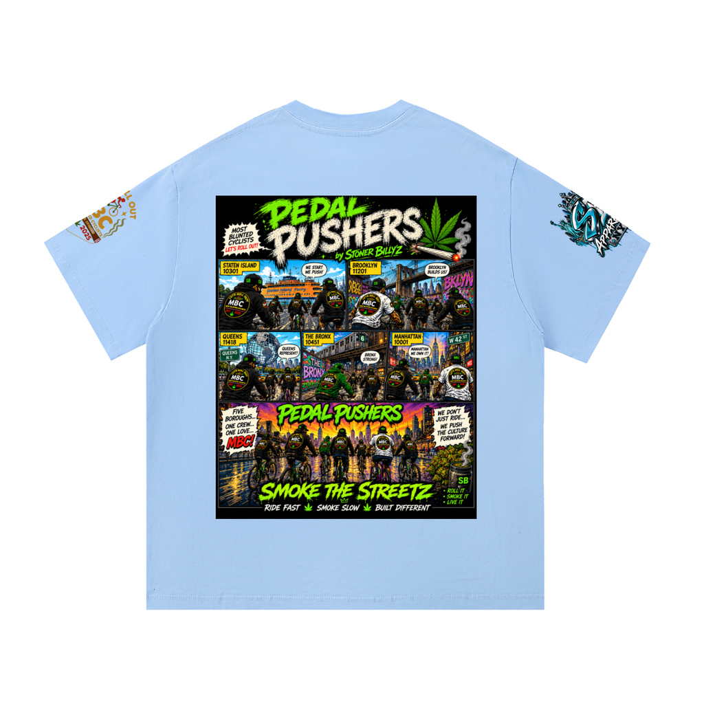 Pedal Pushers — Five Boroughs Tee Built for the riders who move different. The Pedal Pushers Tee by Stoner Billy’z Apparel Co. brings NYC cycling culture, street art, and MBC energy together i