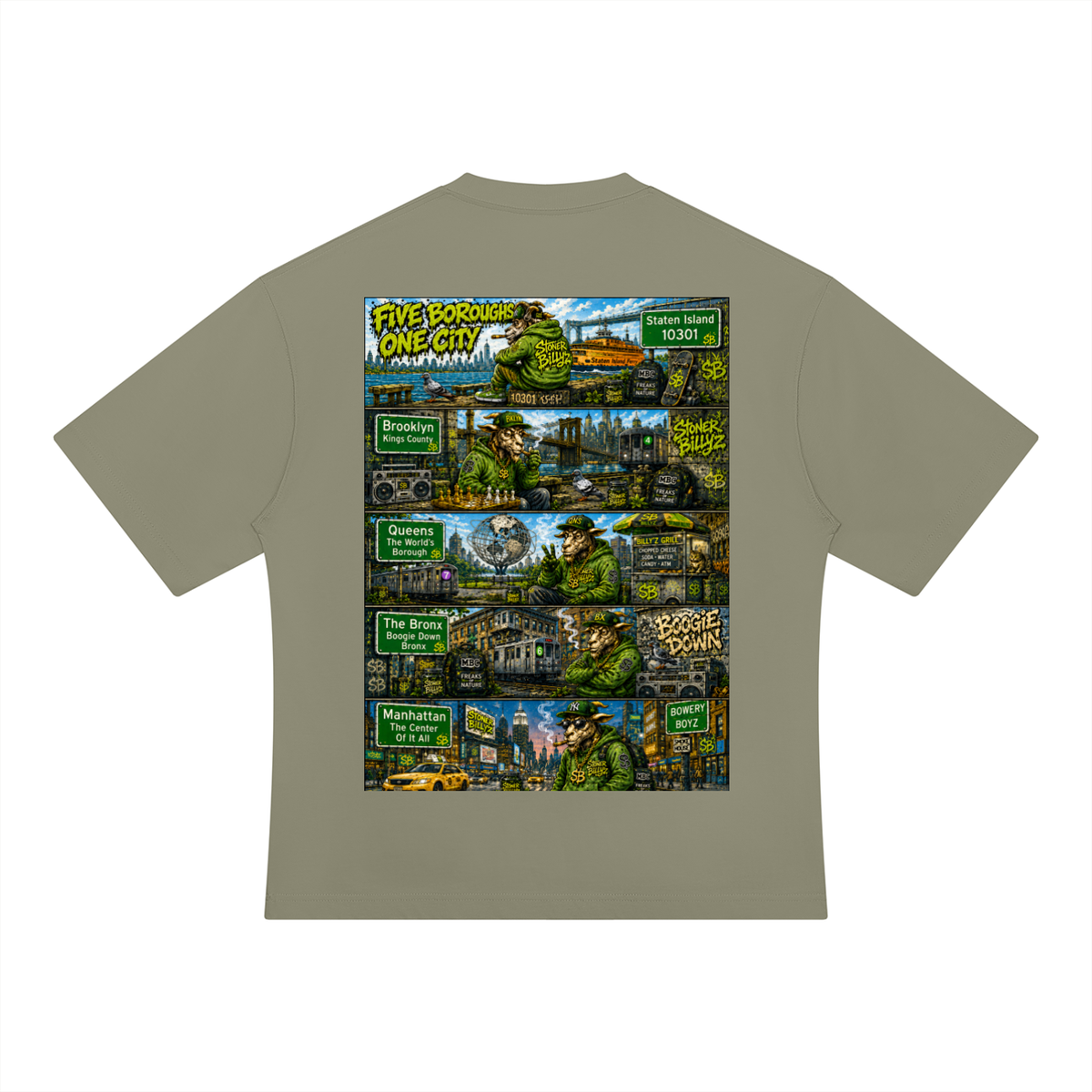 Premium streetwear tee featuring a bold Stoner Billy’z front logo and detailed Five Boroughs, One City artwork on the back—celebrating Staten Island, Brooklyn, Queens, Bronx and Manhattan in NYC style.