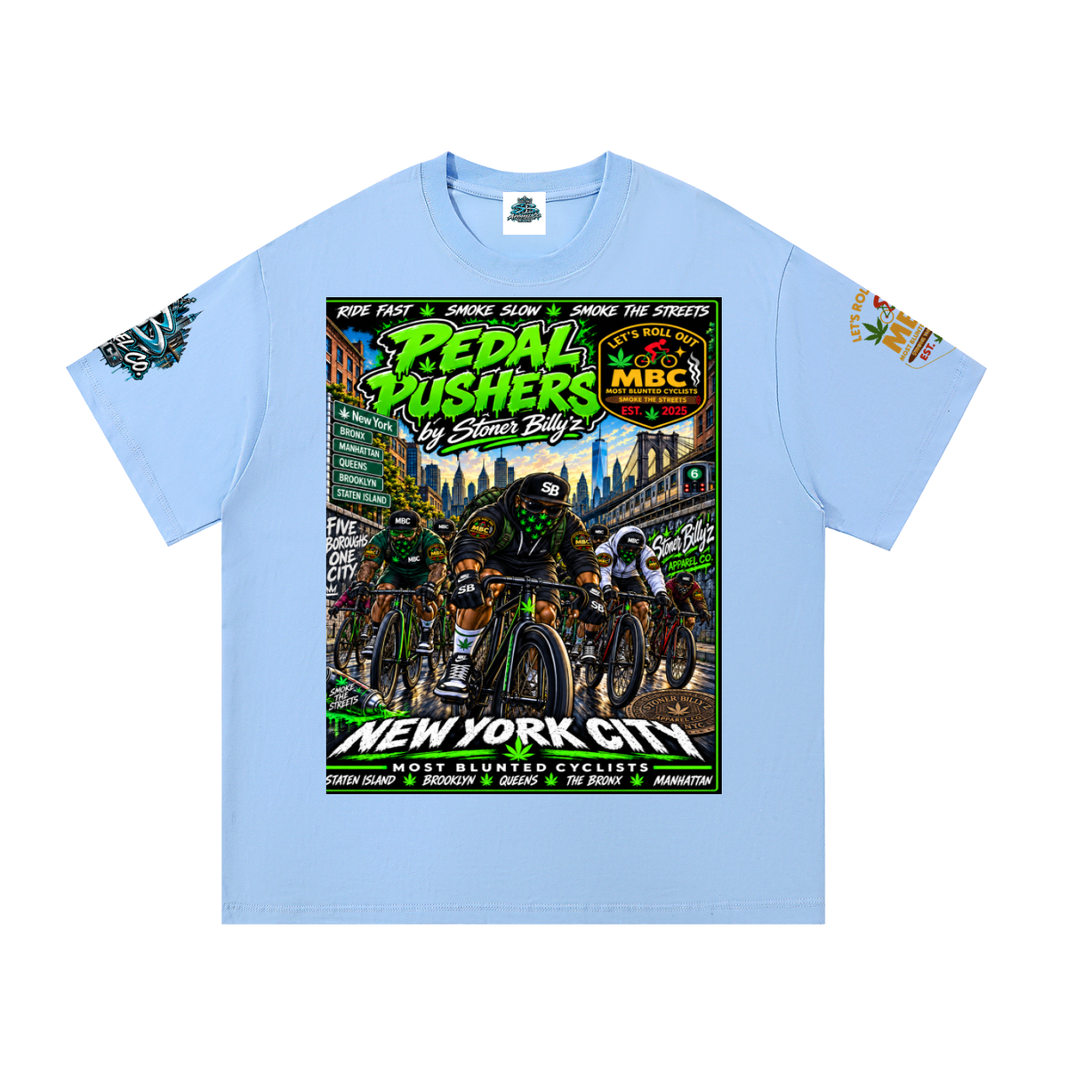 Pedal Pushers — Five Boroughs Tee Built for the riders who move different. The Pedal Pushers Tee by Stoner Billy’z Apparel Co. brings NYC cycling culture, street art, and MBC energy together i