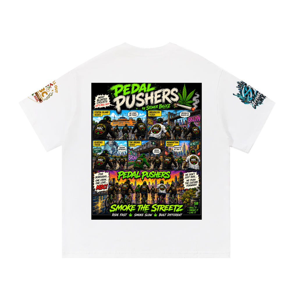 Pedal Pushers — Five Boroughs Tee Built for the riders who move different. The Pedal Pushers Tee by Stoner Billy’z Apparel Co. brings NYC cycling culture, street art, and MBC energy together i