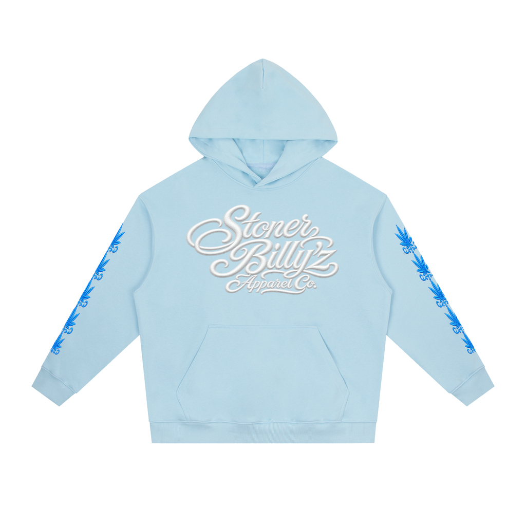 Premium powder-blue heavyweight hoodie featuring an elegant white Stoner Billy’z Apparel Co. script logo across the chest, blue sleeve graphics, relaxed drop shoulders, and an oversized streetwear fit.