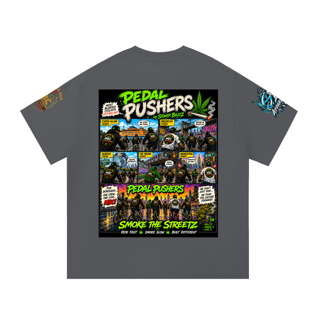 Pedal Pushers — Five Boroughs Tee Built for the riders who move different. The Pedal Pushers Tee by Stoner Billy’z Apparel Co. brings NYC cycling culture, street art, and MBC energy together i